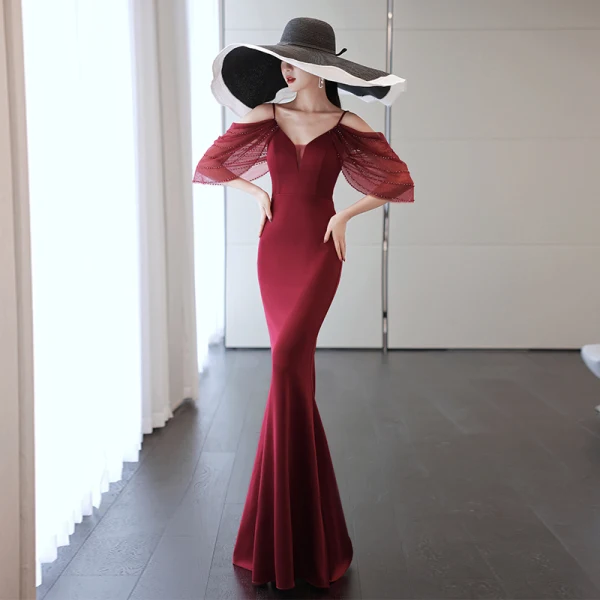 Charming Champagne Evening Dresses  2021 Trumpet / Mermaid Spaghetti Straps Beading Short Sleeve Backless Floor-Length / Long Evening Party Formal Dresses
