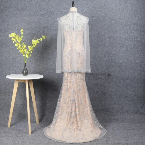 Haut de Gamme Champagne Fait main Perlage Robe De Soirée 2021 Trompette / Sirène Col Haut Manches Longues Cristal Paillettes Longue Soirée Robe De Ceremonie