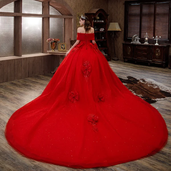 Modern / Fashion Red Sequins Lace Flower Wedding Dresses 2021 Ball Gown Off-The-Shoulder Bow Short Sleeve Backless Royal Train Wedding