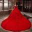 Modern / Fashion Red Sequins Lace Flower Wedding Dresses 2021 Ball Gown Off-The-Shoulder Bow Short Sleeve Backless Royal Train Wedding