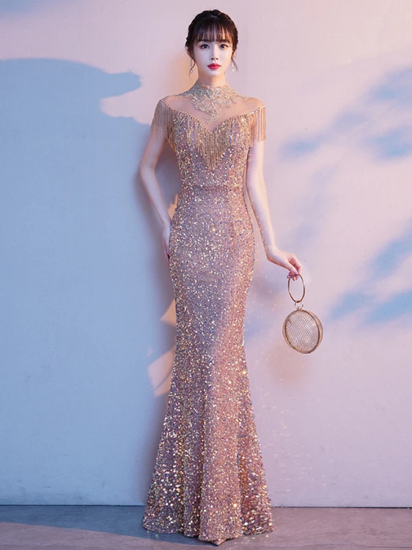 Sparkly Gold Sequins Beading Tassel Evening Dresses  2021 Trumpet / Mermaid High Neck Short Sleeve Floor-Length / Long Evening Party Formal Dresses