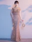 Sparkly Gold Sequins Beading Tassel Evening Dresses  2021 Trumpet / Mermaid High Neck Short Sleeve Floor-Length / Long Evening Party Formal Dresses