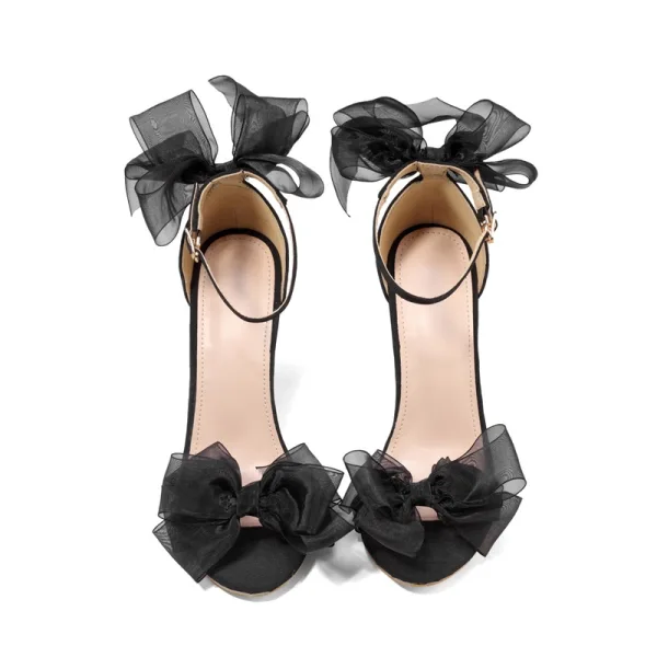 Schöne Schwarz Ball Schleife Sandalen Damen 2021 Knöchelriemen 11 cm Stilettos Peeptoes Sandaletten Hochhackige