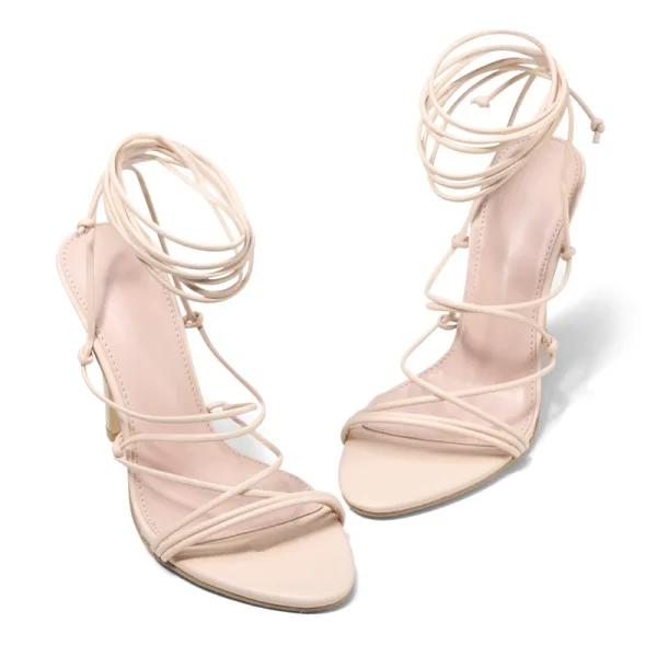 Sexy Roman Beige Evening Party Womens Sandals 2021 Ankle Strap 13 cm Stiletto Heels Open / Peep Toe Pumps High Heels