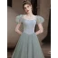 Fashion Sage Green Prom Dresses 2021 A-Line / Princess Square Neckline Puffy Short Sleeve Backless Floor-Length / Long Prom Formal Dresses