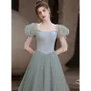 Fashion Sage Green Prom Dresses 2021 A-Line / Princess Square Neckline Puffy Short Sleeve Backless Floor-Length / Long Prom Formal Dresses
