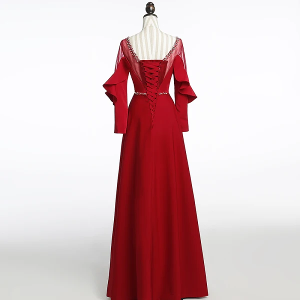 Modern / Fashion Burgundy See-through Evening Dresses  2018 A-Line / Princess Scoop Neck Long Sleeve Beading Sash Floor-Length / Long Ruffle Backless Formal Dresses