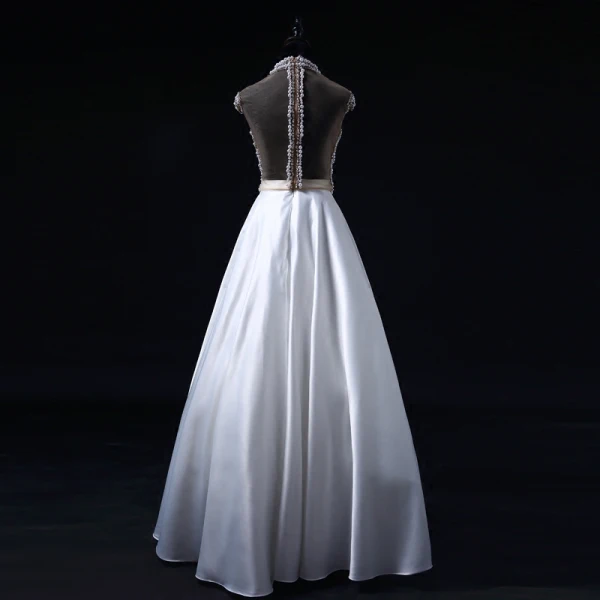 Luxury / Gorgeous Pearl Prom Dresses 2017 High Neck Beading Crystal Backless White Satin Formal Dresses