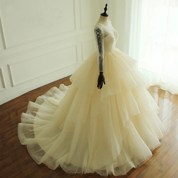 Luxury / Gorgeous Champagne Wedding Dresses 2017 Scoop Neck Long Sleeve Beading Artificial Flowers Backless Cascading Ruffles Tulle Ball Gown Chapel Train