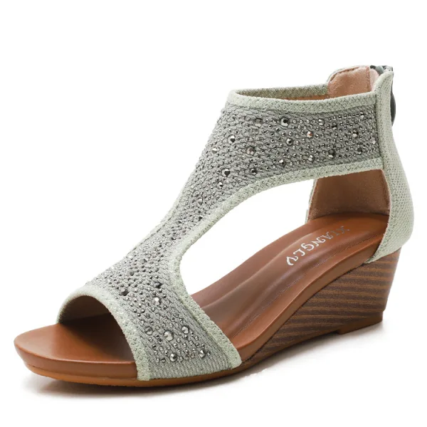 Böhmen Braun Strand Strass Sandalen Damen 2021 5 cm Keilabsatz Peeptoes Sandaletten
