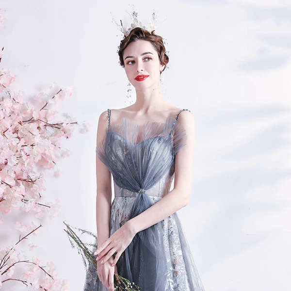 Fashion Grey Pearl Rhinestone Sequins Prom Dresses 2021 A-Line / Princess Ruffle Spaghetti Straps Sleeveless Backless Floor-Length / Long Prom Formal Dresses
