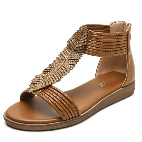Bohemia Beige Street Wear T-Strap Rhinestone Flat Womens Sandals 2021 Open / Peep Toe Sandals