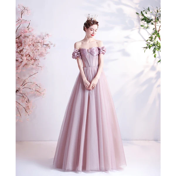 Elegant Dusky Pink Prom Dresses 2021 A-Line / Princess Off-The-Shoulder Glitter Beading Crystal Short Sleeve Backless Floor-Length / Long Prom Formal Dresses