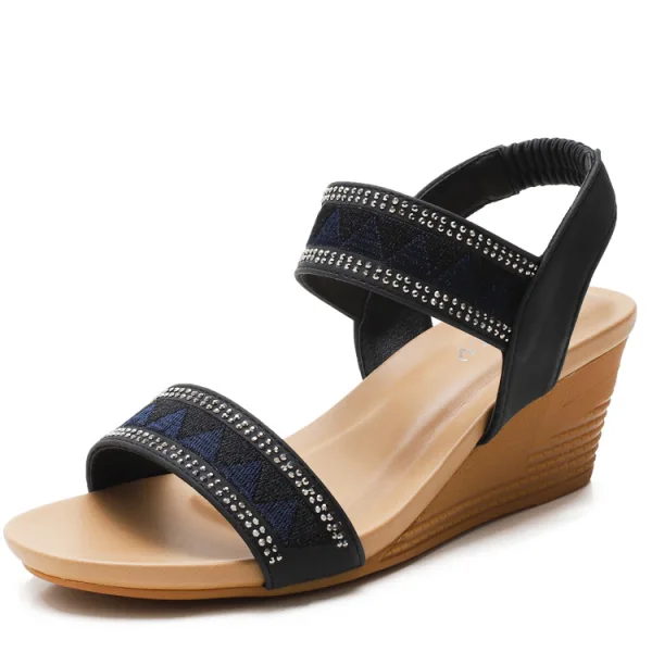 Bohemia Beige Rhinestone Street Wear Holiday Womens Sandals 2021 5 cm Wedges Open / Peep Toe Sandals