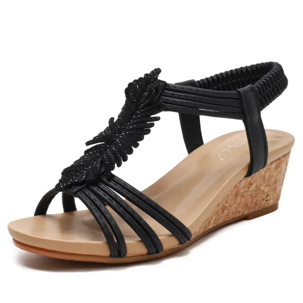Roman Fashion Brown Summer Street Wear Beach Rhinestone Womens Sandals 2021 T-Strap 5 cm Wedges Open / Peep Toe Sandals High Heels