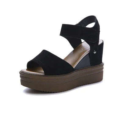 Chic / Beautiful Black Street Wear Suede Womens Sandals 2021 8 cm Wedges Waterproof Open / Peep Toe Sandals