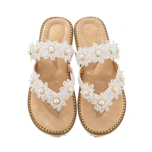 Bohemia Beige Summer Beach Flat Womens Sandals 2021 Pearl Rhinestone Lace Flower Open / Peep Toe Sandals