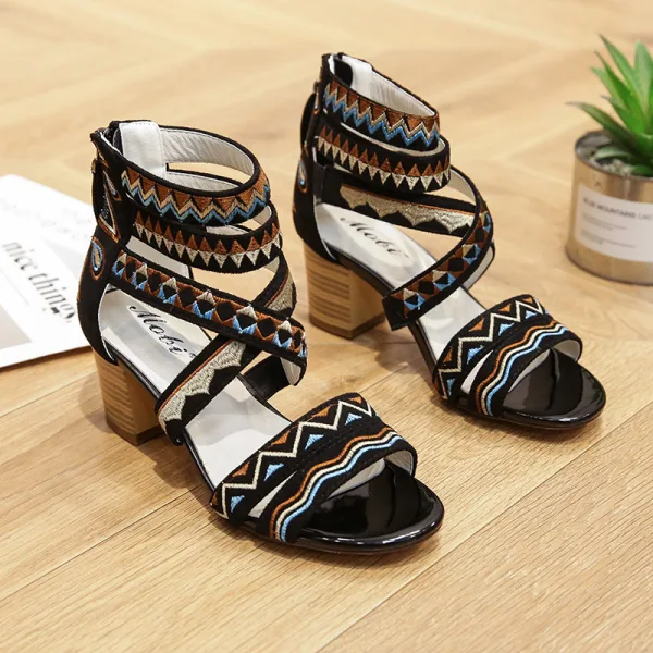 Bohême Noire Traditionnel Brodé Vêtement de rue Sandales Femme 2021 Bride Cheville 5 cm Talons Épais Peep Toes / Bout Ouvert Sandales Talons Hauts