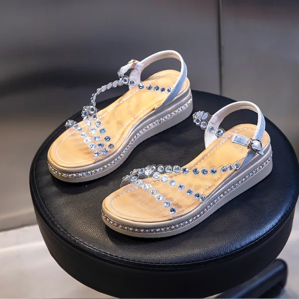 Sexy Gold Street Wear Summer Pearl Rhinestone Womens Sandals 2021 Open / Peep Toe Sandals