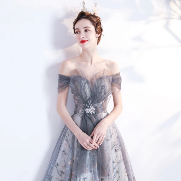 Vintage / Retro Grey Prom Dresses 2021 A-Line / Princess Off-The-Shoulder Beading Crystal Sequins Sleeveless Backless Floor-Length / Long Prom Formal Dresses