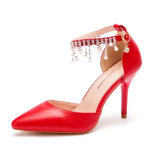 Charmant Weiß Brautschuhe 2021 Perle Strass Knöchelriemen 9 cm Stilettos Spitzschuh Hochzeit Sandaletten Hochhackige