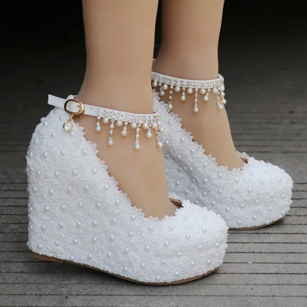 Chic / Beautiful White Lace Flower Wedding Shoes 2021 Waterproof Pearl Rhinestone Ankle Strap Wedding 10 cm Wedges Round Toe Sandals