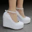 Chic / Beautiful White Lace Flower Wedding Shoes 2021 Waterproof Pearl Rhinestone Ankle Strap Wedding 10 cm Wedges Round Toe Sandals