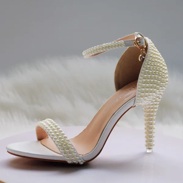 Sexy White Pearl Wedding Shoes 2021 Ankle Strap 11 cm Stiletto Heels Open / Peep Toe Wedding High Heels