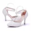 Charmant Blanche Perle En Dentelle Fleur Chaussure De Mariée 2021 Bride Cheville 7 cm Talons Aiguilles À Bout Pointu Mariage Talons Hauts