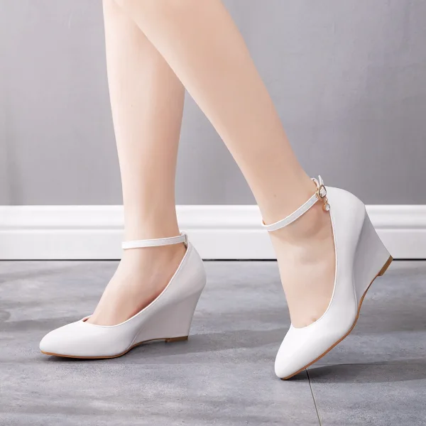 Fashion White Wedding Shoes 2021 8 cm Wedges Wedding Ankle Strap Pumps Pointed Toe