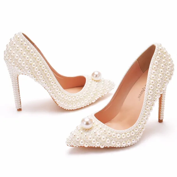Modest Ivory Pearl Wedding Shoes 2021 11 cm Stiletto Heels Pointed Toe Wedding Pumps High Heels