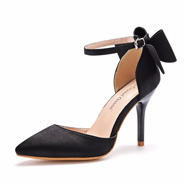 Elegante Schwarz Satin Ball Sandalen Damen 2021 Schleife Knöchelriemen 9 cm Stilettos Spitzschuh Hochhackige