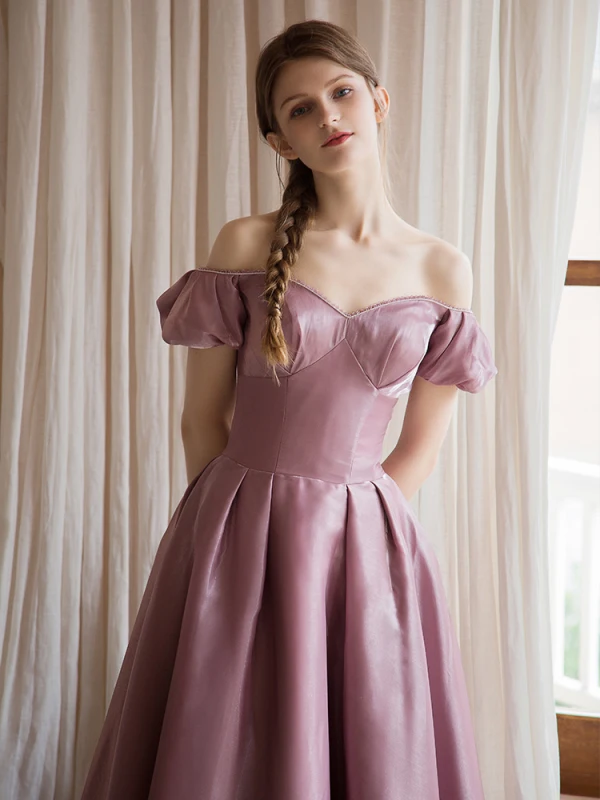 Vintage Lyserød Gallakjoler 2021 Prinsesse Off-The-Shoulder Kort Ærme Halterneck Lange Galla Kjoler