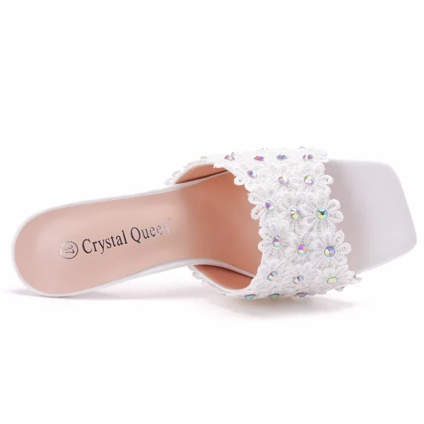 Fashion White Cocktail Party Lace Flower Rhinestone Womens Sandals 2021 9 cm Stiletto Heels Open / Peep Toe Sandals High Heels