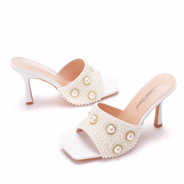 Chic / Beautiful White Street Wear Pearl Rhinestone Womens Sandals 2021 9 cm Stiletto Heels Open / Peep Toe Sandals High Heels