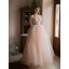 Chic / Beautiful Blushing Pink Pearl Prom Dresses 2021 A-Line / Princess Off-The-Shoulder Short Sleeve Backless Floor-Length / Long Prom Formal Dresses