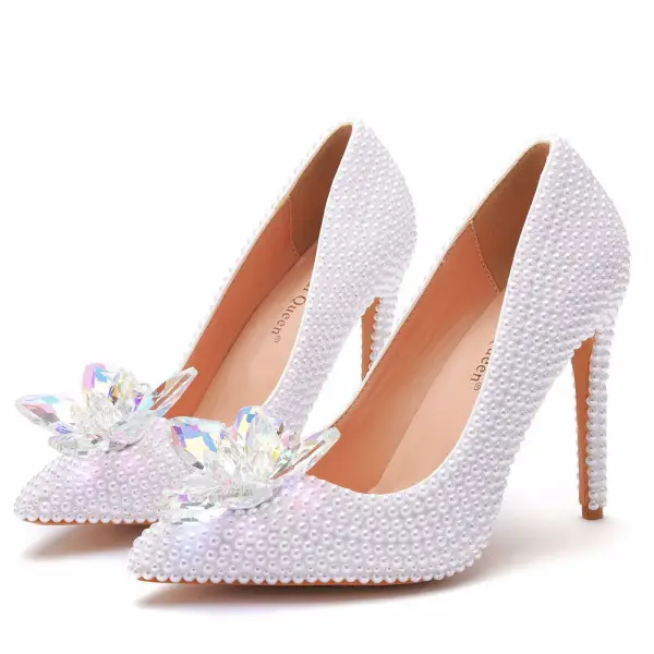 Charming Ivory Pearl Crystal Wedding Shoes 2021 11 cm Stiletto Heels Pointed Toe Wedding Pumps High Heels