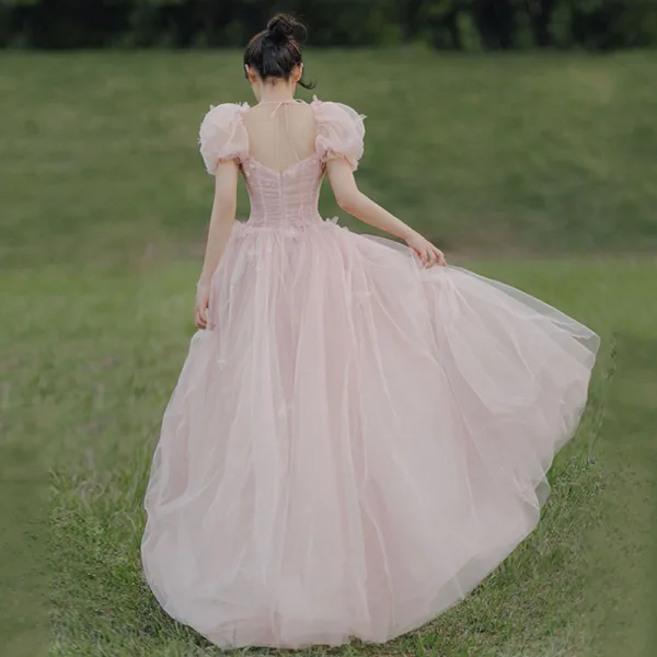 Simple Rougissant Rose Robe De Bal 2021 Princesse Encolure Carrée Paillettes Manches Courtes Dos Nu Longue Robe De Ceremonie