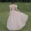 Modest / Simple Blushing Pink Prom Dresses 2021 A-Line / Princess Square Neckline Sequins Short Sleeve Backless Floor-Length / Long Formal Dresses