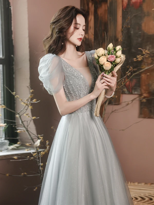 Charming Grey Evening Dresses Evening Dresses  2021 A-Line / Princess V-Neck Beading Short Sleeve Backless Floor-Length / Long Evening Party Formal Dresses