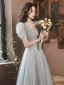 Charming Grey Evening Dresses Evening Dresses  2021 A-Line / Princess V-Neck Beading Short Sleeve Backless Floor-Length / Long Evening Party Formal Dresses