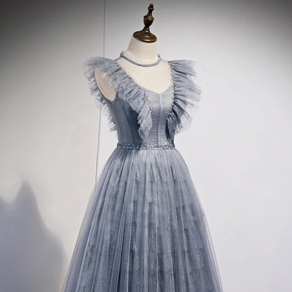 Charming Sky Blue Grey Prom Dresses 2021 A-Line / Princess Scoop Neck Ruffle Short Sleeve Beading Backless Bow Floor-Length / Long Prom Formal Dresses