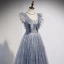 Charming Sky Blue Grey Prom Dresses 2021 A-Line / Princess Scoop Neck Ruffle Short Sleeve Beading Backless Bow Floor-Length / Long Prom Formal Dresses