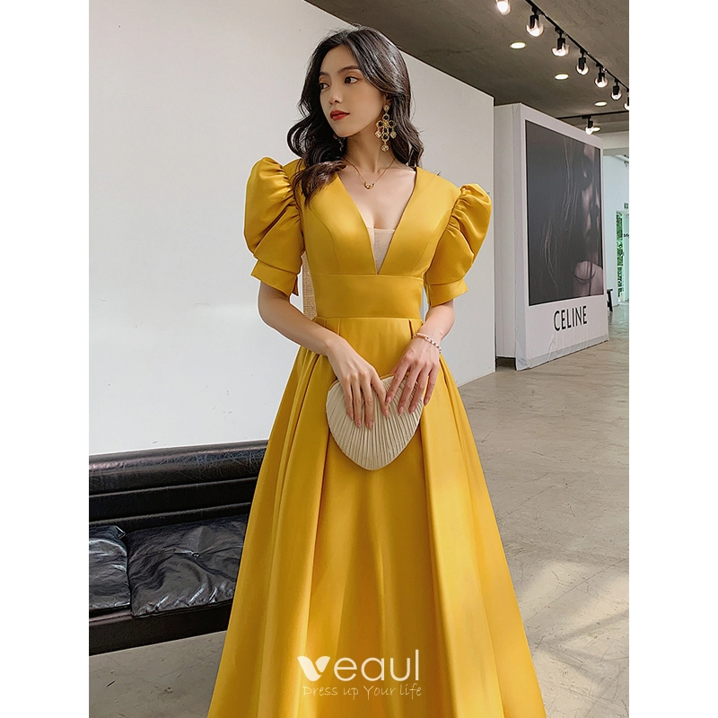 Veaul Vintage Retro Yellow Prom Dresses 2021 A Line Princess V Neck Puffy Short Sleeve Bow
