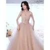 Charming Dusky Pink Prom Dresses 2021 A-Line / Princess Strapless Beading Pearl Sleeveless Backless Floor-Length / Long Prom Formal Dresses