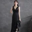 Modern / Fashion Black Ruffle Satin Party Dresses 2021 A-Line / Princess V-Neck Sleeveless Backless Asymmetrical Formal Dresses