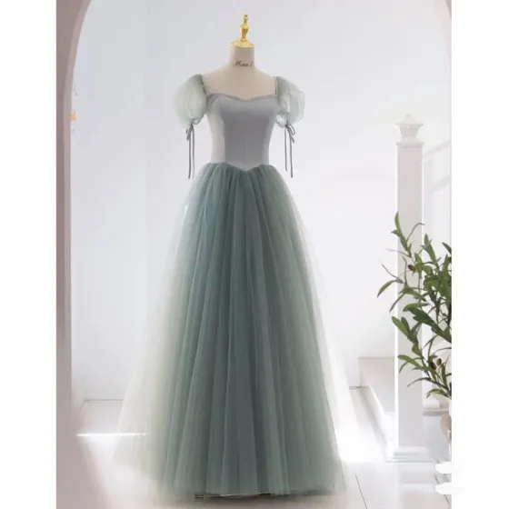 Vintage / Retro Sage Green Prom Dresses 2021 A-Line / Princess Square Neckline Rhinestone Puffy Short Sleeve Floor-Length / Long Prom Formal Dresses