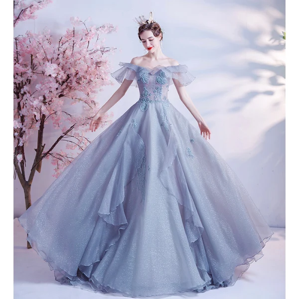 Moderne / Mode Bleu Ciel Volants en Cascade Robe De Bal Bretelles croisées 2021 Princesse De l'épaule Perlage Cristal Perle Faux Diamant Manches Courtes Dos Nu Longue Promo Robe De Ceremonie