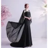 Vintage / Retro Black Prom Dresses 2021 Trumpet / Mermaid Scoop Neck Beading Lace Flower Sleeveless Sweep Train Prom Formal Dresses