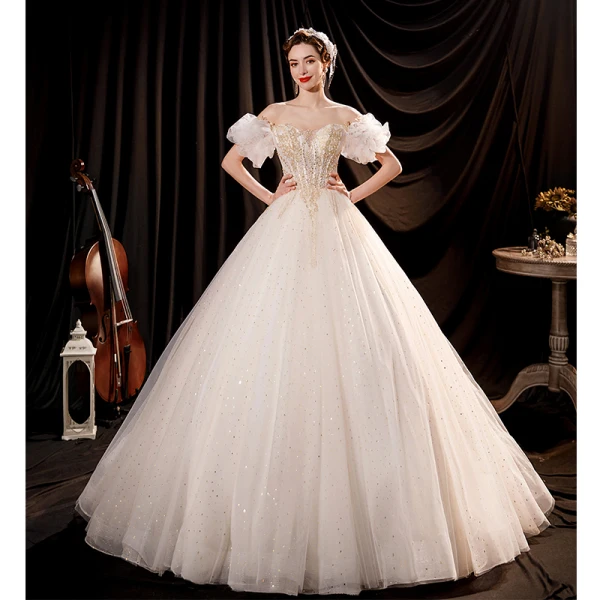 Robe de mariée pour femmes épaules dénudées col en V brillant